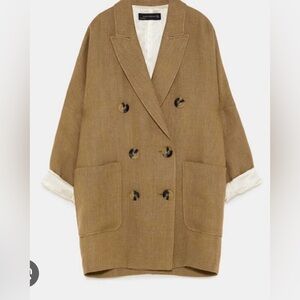 Zara long linen blend blazer jacket coat beige tan brown rustic large buttons